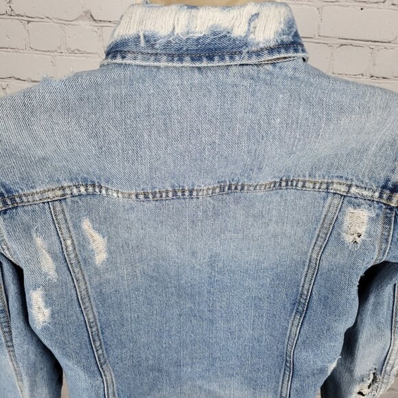 Zara Trafaluc Denimwear Blue Distressed Button Up Jean Denim Jacket Size Small S - Picture 7 of 11